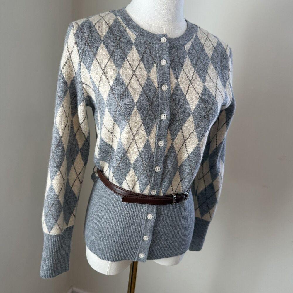 Zara Grey Argyle Cardigan Sweater Women's Size M Wool Blend Crew Neck Preppy
